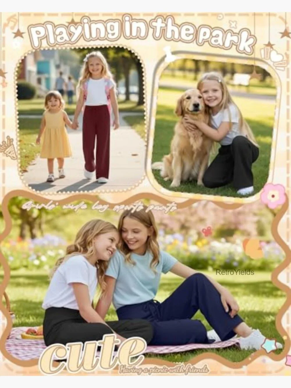 3pk Girls Wide Leg Joggers Elastic Waist Lightweight Sweatpants 5-14